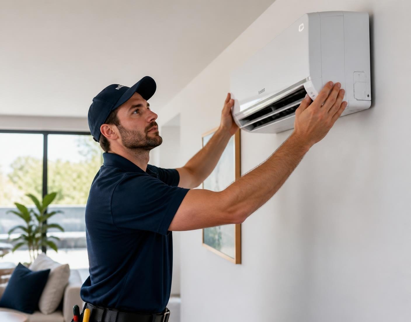 Air conditioning technician inspecting a wall-mounted indoor air conditioning unit
